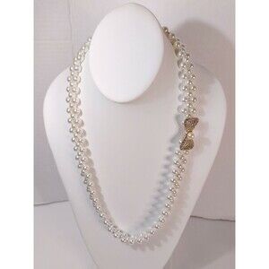 Faux Pearl Rhinestone Gold Tone Bow Stretch Necklace